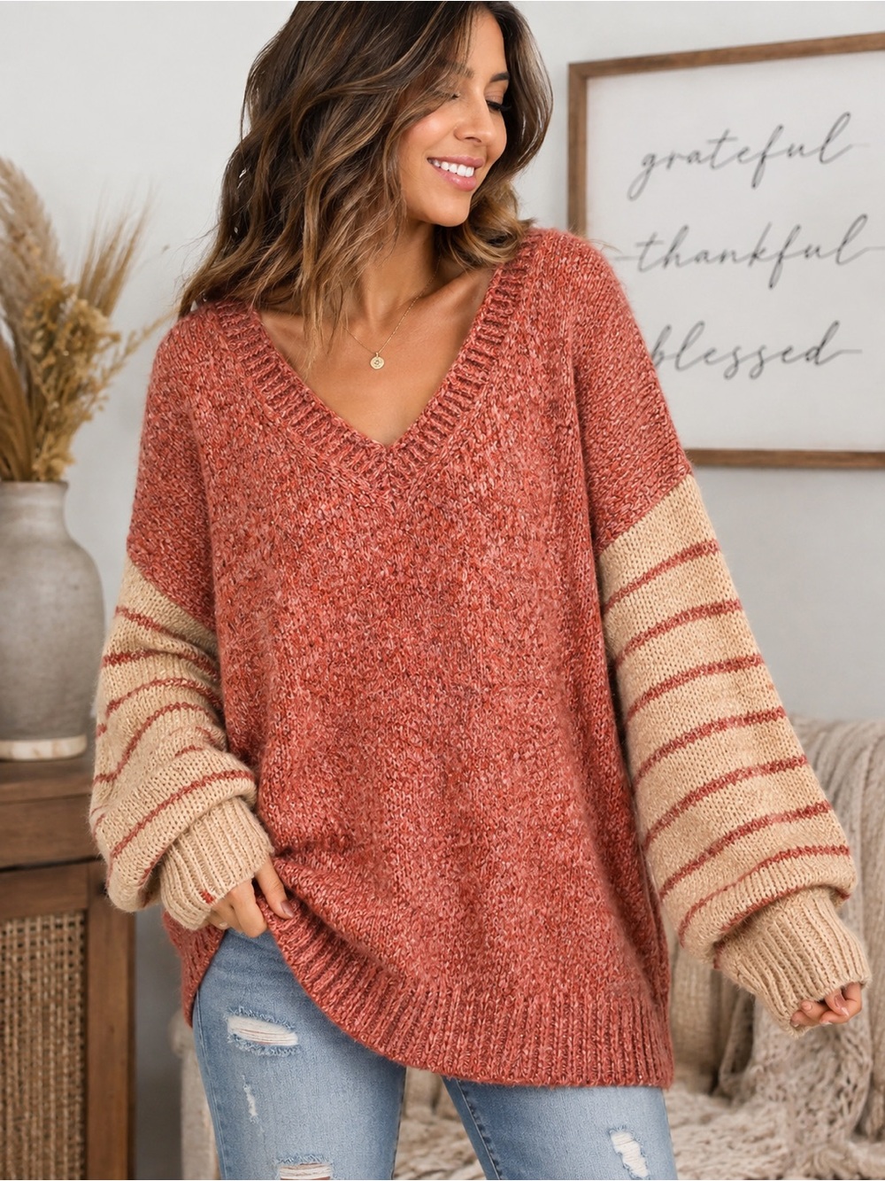 POL Oversized V-Neck Marled Knit Striped Sleeve Sweater Small